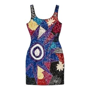 VINTAGE 80s beaded sequin maximalist dopamine party mini dress 8